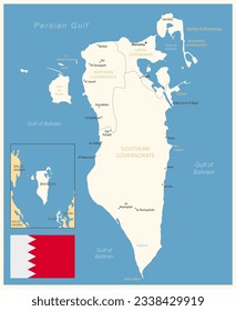 Bahrain - detailed map with administrative divisions and country flag. Vector illustration