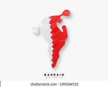 Bahrain detailed map with flag of country. Painted in watercolor paint colors in the national flag.