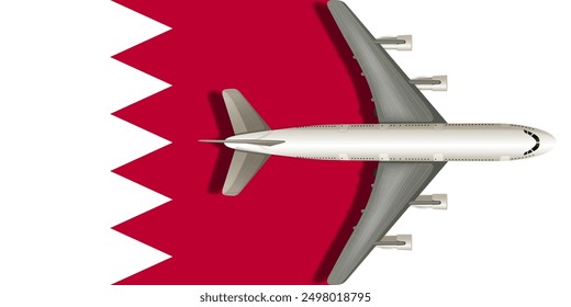 Bahrain flag with airplane flying over it close up. Vector image.