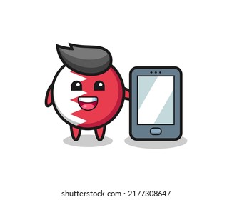 bahrain flag badge illustration cartoon holding a smartphone , cute style design for t shirt, sticker, logo element