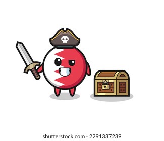 the bahrain flag badge pirate character holding sword beside a treasure box , cute style design for t shirt, sticker, logo element