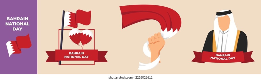 Bahrain flag and Balloon, hand hold waving Bahrain flag and Arabian man with traditional wear celebrating Bahrain national day. Bahrain national day set concept. Flat vector illustrations isolated.