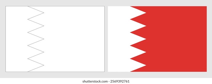 Bahrain flag - coloring page. Set of white wireframe thin black outline flag and original colored flag.