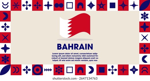 Bahrain Flag Design banner with cultural design. Independence day design for Bahrain celebration. Modern neo geometric retro design with flag, showcasing national pride and heritage.