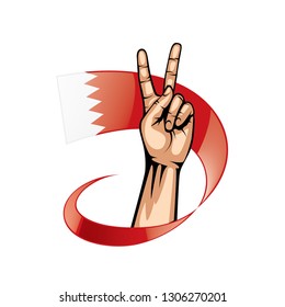 Bahrain flag and hand on white background. Vector illustration