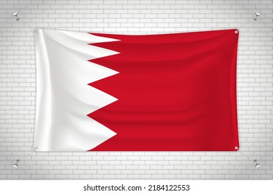 Bahrain flag hanging on brick wall. 3D drawing. Flag attached to the wall. Neatly drawing in groups on separate layers for easy editing.