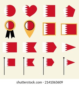 Icono de bandera de Bahréin establecido en 16 versiones de forma. Colección de iconos de la bandera de Bahréin con formas cuadradas, redondas, corazón, triángulo, medallas, sellos y ubicaciones.