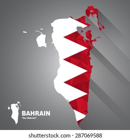 Bahrain flag overlay on Bahrain map with polygonal and long tail shadow style (EPS10 art vector)