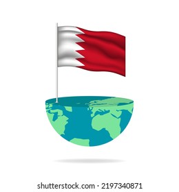 Bahrain flag pole on globe. Flag waving around the world. Easy editing and vector in groups. National flag vector illustration on white background.