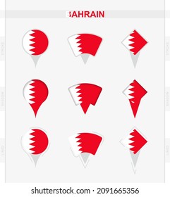 Bahrain flag, set of location pin icons of Bahrain flag. Vector illustration of national symbols.