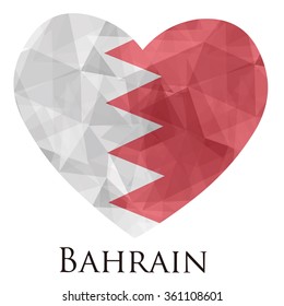 Bahrain flag shape heart in geometric rumpled triangular low poly origami style graphic illustration,mosaic polygonal style.Symbol of love to country.Retro or vintage style background.