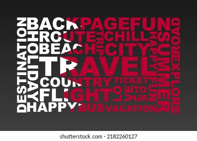 Bahrain Flag Shape Of Travel Keywords, Travel Concept, Abroad Vacation Idea, Simple Flat Design, Bahrain Flag Mask On Holiday Words, Tourism Banner