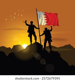 Bahrain flag, silhouette of two climbers holding flags at sunset