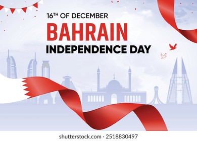 Bahrain Flag Waving On Skyline Background. Independence Day Concept Design Vector Illustration.