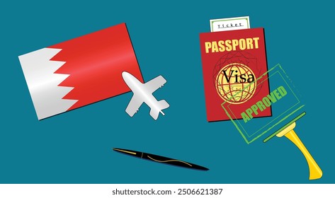 Bahrain flag with white plane icon. Passport with visa approved stamp. Black stylish Pen. Bahraini Travel poster. Editable vector EPS available