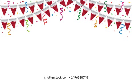 Bahrain flags garland white background with confetti, Hang bunting for Bahrain independence Day celebration template banner, Vector illustration