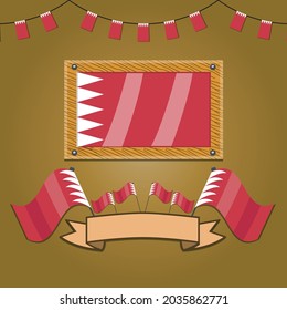 Bahrain Flags On Frame Wood, Label, Simple Gradient and Vector Illustration