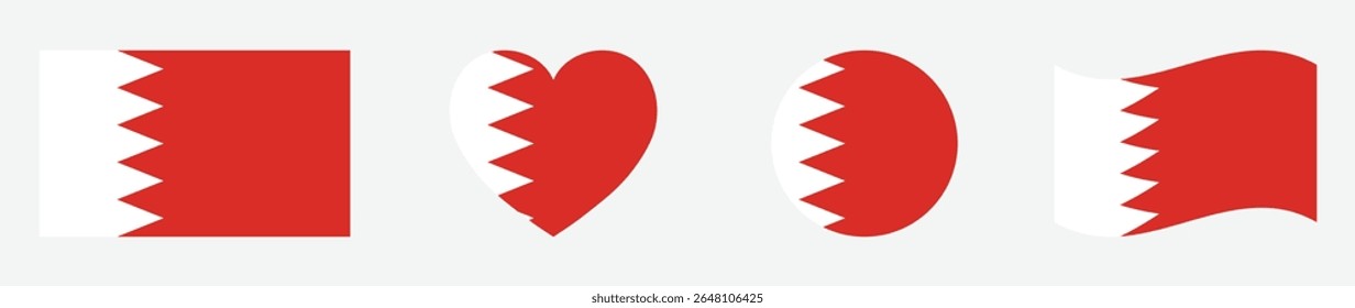 Bahrain flags set in square, heart, circle and waving formats designs element. Bahrain flags collection. Set of Bahrain flags icons isolated on gray background. Vector illustration.