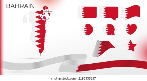 Bahrain flags set. Various designs. Map and capital city. World flags. Vector set. Circle icon. Template for independence day. Collection of national symbols. Ribbon with colors of the flag.