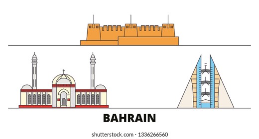 Bahrain flat landmarks vector illustration. Bahrain line city with famous travel sights, skyline, design. 