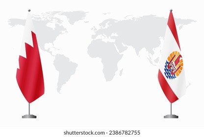 Bahrain and French Polynesia flags for official meeting against background of world map.