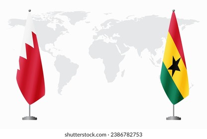 Bahrain and Ghana flags for official meeting against background of world map.