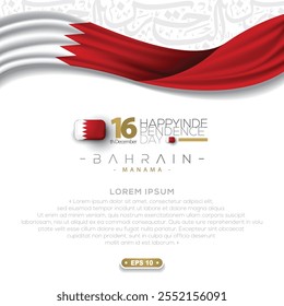 Bahrain Happy National Day 16 December Background Vector Design With Illustration Flag For Greeting, Banner, Card etc. Translation Of Text: HAPPY NATIONAL DAY OF BAHRAIN KINGDOM