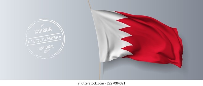 Bahrain happy national day greeting card, banner with template text vector illustration. Bahraini memorial holiday 16th of December design element with 3D flag with stripes