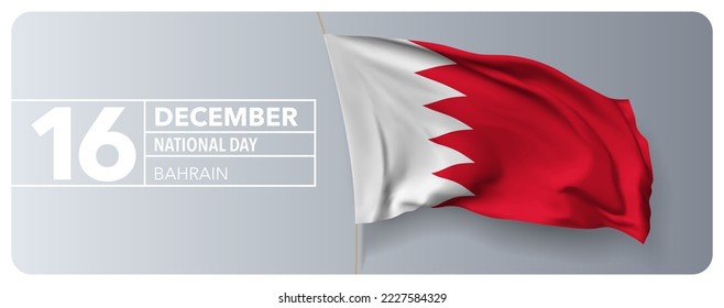 Bahrain happy national day greeting card, banner vector illustration. Bahraini holiday 16th of December design element with 3D waving flag on flagpole