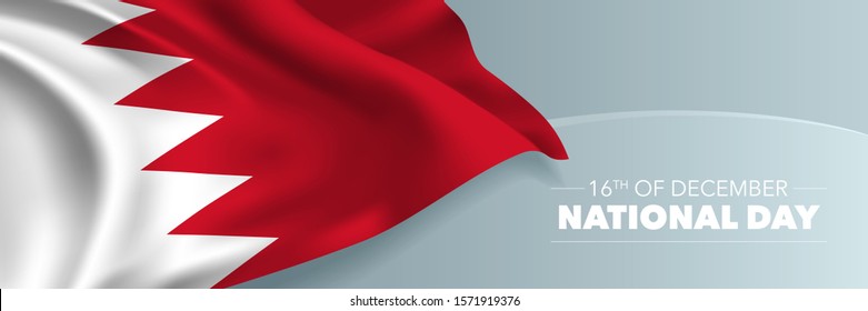 Bahrain happy national day vector banner, greeting card. Bahraini wavy flag in 16th of December national patriotic holiday horizontal design