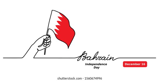 Bahrain Independence Day vector background. One continuous line drawing concept with hand, Bahrain flag, lettering.