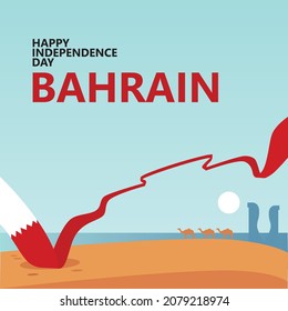 Bahrain independence day vector illustration with a long flags and sand desert scenery. Middle east country public holiday