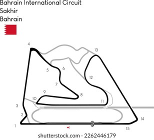 "Bahrain International Circuit" in Sakhir, Bahrain. Vectorial art circuit with real asphalt limits, turns and turn names. Car racetrack and formula version. Bahrain GP.