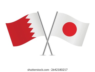 Bahrain and Japan crossed flags. Bahraini and Japanese flags on a white background. Vector icon set. Vector illustration.