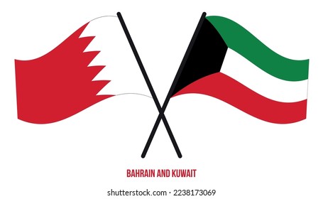 Bahrain and Kuwait Flags Crossed And Waving Flat Style. Official Proportion. Correct Colors.