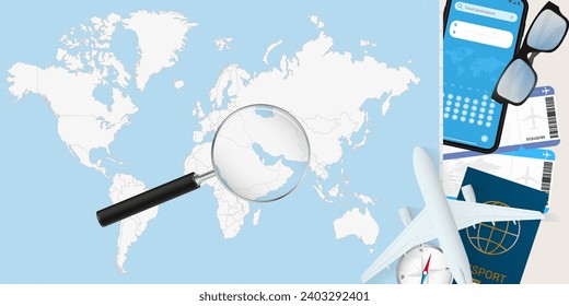 Bahrain is magnified over a World Map, illustration with airplane, passport, boarding pass, compass and eyeglasses. Vector illustration.