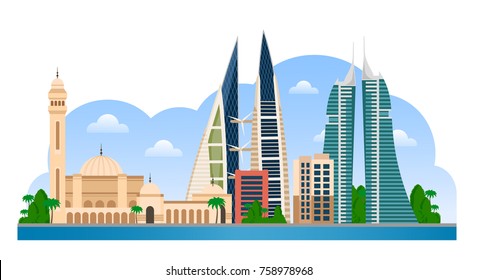 Bahrain. Manama skyline with colorful buildings and blue sky. Vector flat illustration for tourism presentation, banner, placard or web. Panoramic city view.