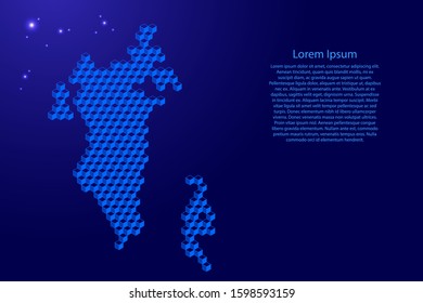 Bahrain map from 3D classic blue color cubes isometric abstract concept, square pattern, angular geometric shape, glowing stars. Vector illustration.