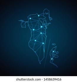 Bahrain Map - Abstract geometric mesh polygonal network line, structure and point scales on dark background with lights in the form of cities. Vector illustration eps 10.