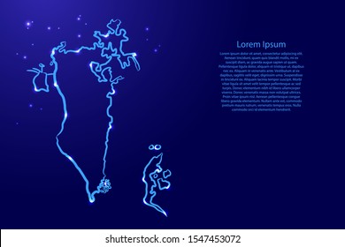 Bahrain map from the contour blue brush lines different thickness and glowing stars on dark background. Vector illustration.
