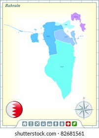 Bahrain Map with Flag Buttons and Assistance & Activates Icons Original Illustration