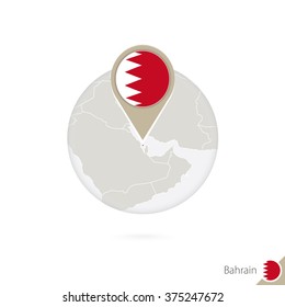 Bahrain map and flag in circle. Map of Bahrain, Bahrain flag pin. Map of Bahrain in the style of the globe. Vector Illustration.