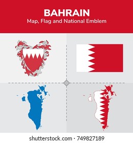 Bahrain Map, Flag and National Emblem 