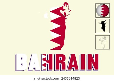 Bahrain map and Bahrain flag vector drawing
