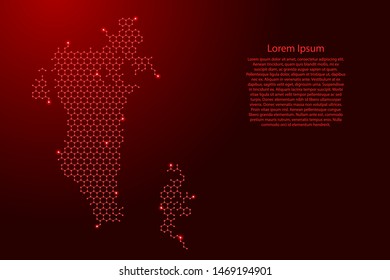 Bahrain map from futuristic hexagonal shapes, lines, points red and glowing stars in nodes, form of honeycomb or molecular structure for banner, poster, greeting card. Vector illustration.