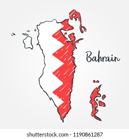 Bahrain map hand drawn sketch. Vector concept illustration flag, children's drawing.