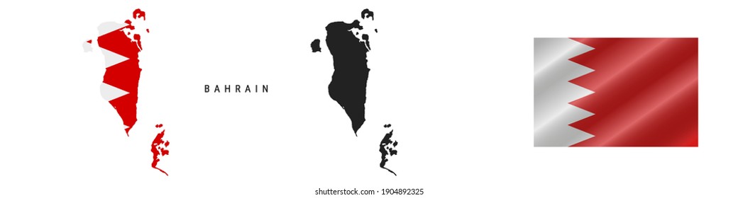 Bahrain. Map with masked flag. Detailed silhouette. Waving flag. Vector illustration isolated on white.