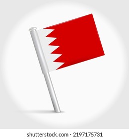 Bahrain map pin flag icon. Bahraini pennant map marker on a metal needle. 3D realistic vector illustration.