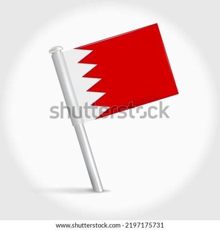 Bahrain map pin flag icon. Bahraini pennant map marker on a metal needle. 3D realistic vector illustration.