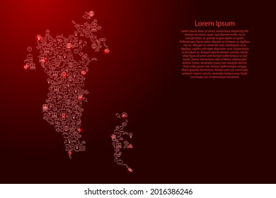 Bahréin mapea desde estrellas rojas y brillantes iconos de patrón conjunto de análisis SEO concepto o desarrollo, negocio. Ilustración vectorial.